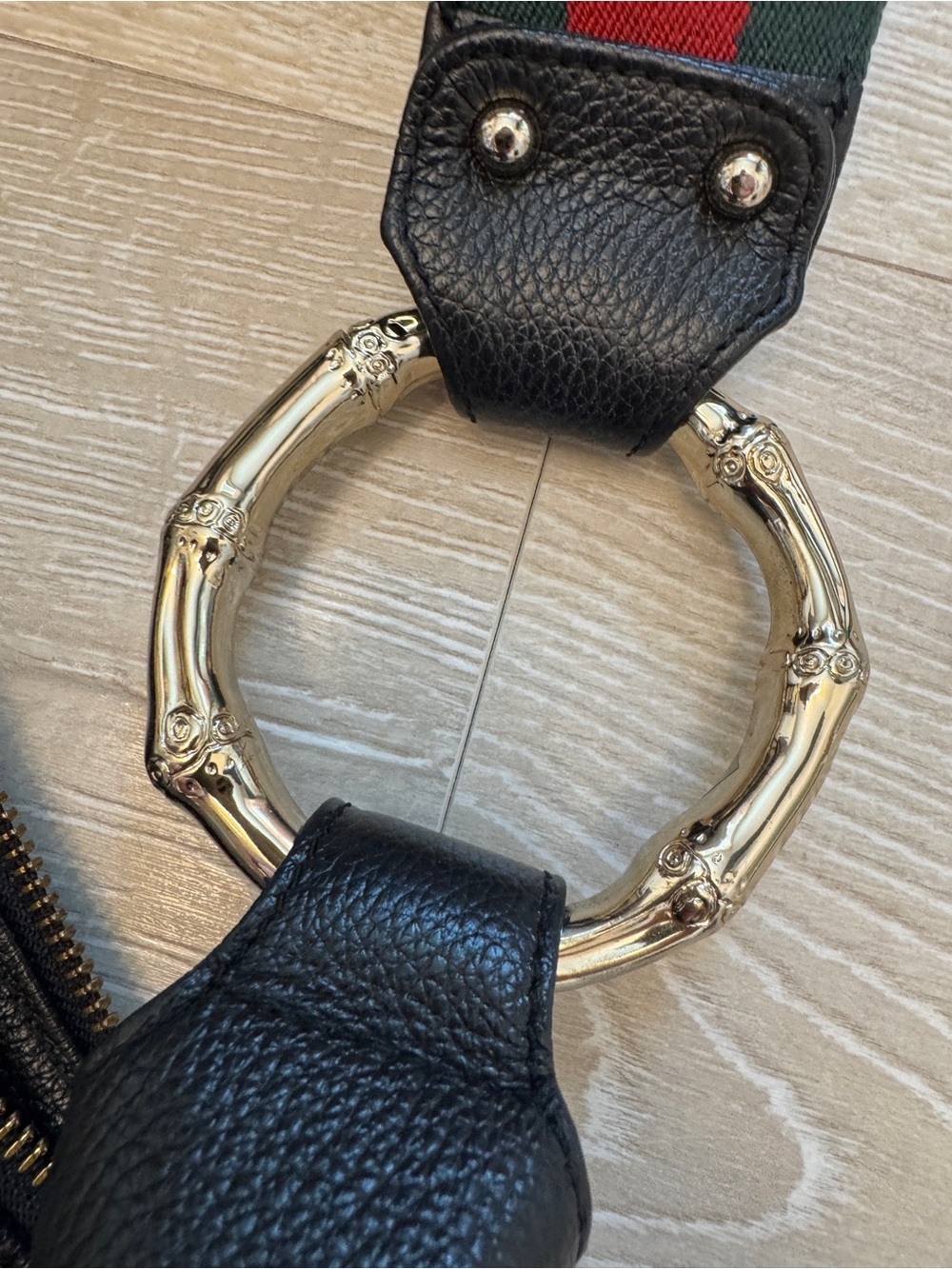 Gucci Black Crescent Bag w/Green & Red Stripe & Gold Bamboo Rings - Picture 6 of 13